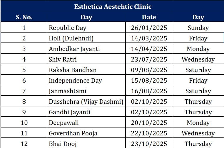 Esthetica Aesthetic Clinic Holiday List 2024